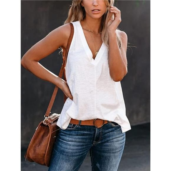 Women's Summer Basic Sleeveless V Neck Casual Tank Tops Loose Shirts - Picture 3 of 5